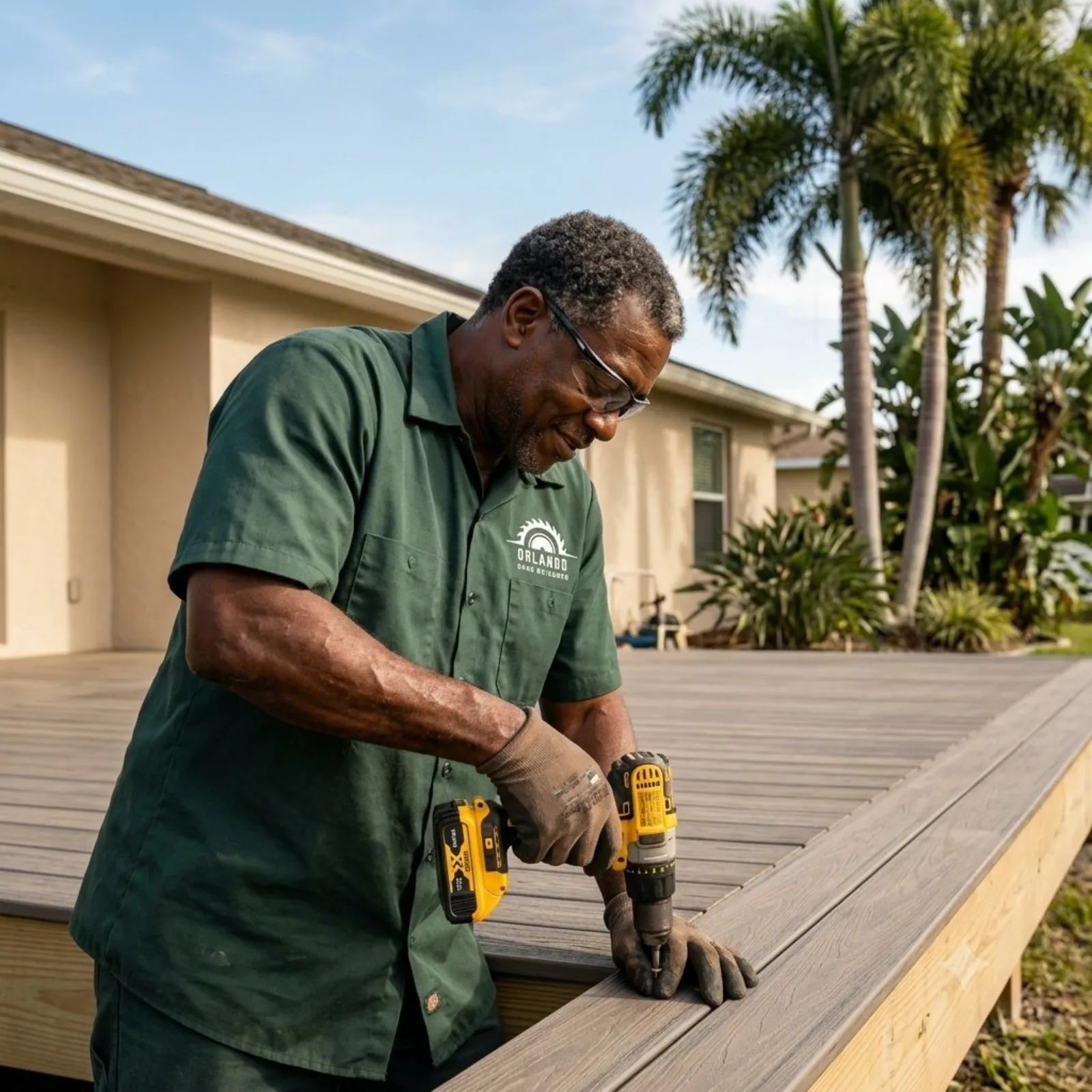 Deck Builders Orlando technician repairing a composite deck
